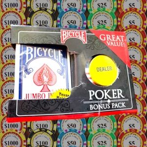 Bicycle Poker Set-1 Deck+100 Chips+Texas Hold Em Instructions+Dealer Button NIB